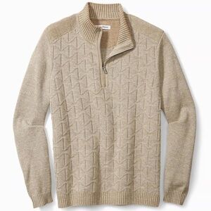 Tommy Bahama Palm Vista Textured Half Zip Sweater Cotton Blend Pullover Beige